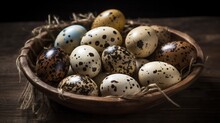  A Basket Filled With Eggs Sitting On Top Of A Wooden Table.  Generative Ai