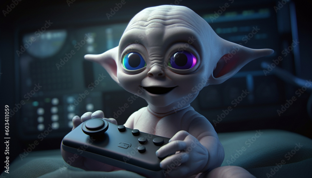 Bay grey alien holding a joystick and smiling. Baby Alien Gammer. IA ...