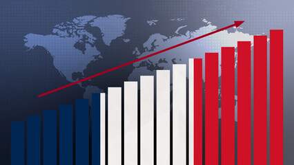 France flag on bar chart concept with increasing values, economic recovery and business improving after crisis and other catastrophe as economy and businesses reopen again