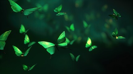  a group of green butterflies flying in the air with a dark background.  generative ai