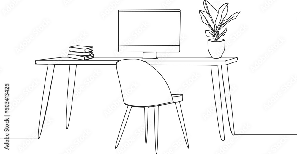 Computer Table Line Drawing single line drawing of chair and desk with modern computer, stack of ...