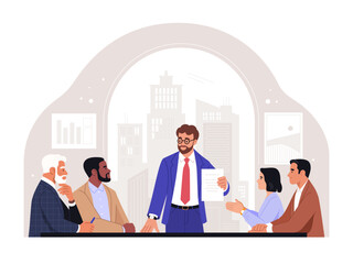 Fototapete - Board of Directors. Vector cartoon illustration in a flat style of a group of diverse people sitting and discussing in an office at a table headed by a manager. Isolated on background with a window
