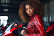 African american biker girl in a red leather jacket on a motorcycle. Generative AI.
