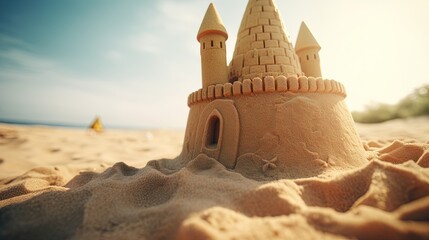 Poster -  a sand castle on a beach with a blue sky in the background.  generative ai