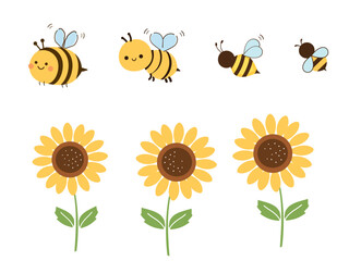 Canvas Print - Set of sunflower and bee cartoon icon sign isolated on white background vector illustration.