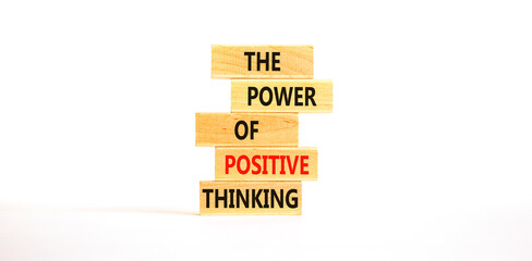 Wall Mural - Positive thinking symbol. Concept words The power of positive thinking on wooden block. Beautiful white table white background. Business, motivational positive thinking concept. Copy space.