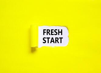 Wall Mural - Fresh start and motivational symbol. Concept words Fresh start on beautiful white paper. Beautiful yellow table yellow background. Business motivational and Fresh start concept. Copy space.