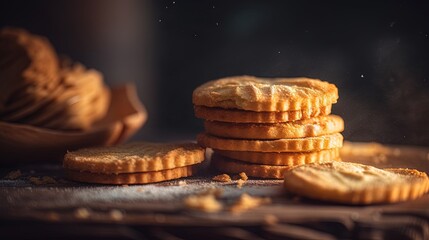  a stack of cookies sitting on top of a wooden table.  generative ai