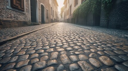 Wall Mural -  a cobblestone street in a city with a brick building.  generative ai