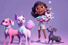 Generative AI Picture Of Full Body Of Delighted Hispanic Teenage Girl With Dark Hair In Casual Clothes Smiling Brightly While Caressing Cute Fairy Cat Near Colorful Dogs Against Purple Background
