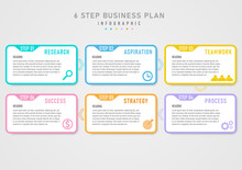 Simple Infographic Template 6 Steps Business Planning To Success Pastel Square Arrow Direction Icon Bottom Right Corner And Letters On A White Background Gray Gradient Background