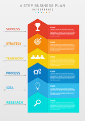 Wall Mural - vertical infographic template 6 steps in business planning for success Multi colored square icons and white letters. circle with left arrow on a clean gray gradient background