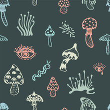 Seamless Pattern Of Groove Mushroom Elements Psychedelic Symbols On Chalkboard Background. Retro Design Of Hipster Icons. Doodle Style Graphic. Vintage Trippy 60 70 80 90 Trendy Vector Illustration