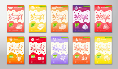 Wall Mural - fruits and berries yogurt label templates set. abstract vector dairy packaging design layouts collec