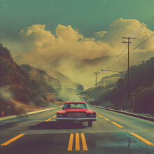 Red Car Rides On The Background Of Mountains And Clouds, 80s Retro Style, Futuristic Retro Picture
