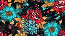  A Colorful Flower Pattern On A Black Background With Red, Blue, And Yellow Flowers And Leaves On A Black Background With Red, Blue, Yellow And Green Leaves And Red Flowers.  Generative Ai