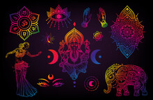 Lord Ganesha, Elephant, Dance, Moon, On, Hand. India Set. God With Elephant Head. Vector Illustration Mandala Medallion Yoga Golden