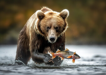 the big brown grizzly bear hunts salmon, with more or less success, but always lives well in the end