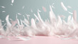 © Moon Project - White feathers falling on a solid background of pastel shades. Image generated by AI.