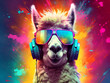 Music dj llama with sunglasses and headphones - Colorful neon background - Generative AI