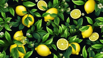  a bunch of lemons with leaves and flowers on a black background with white flowers and green leaves on a black background with white flowers.  generative ai