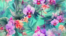  A Painting Of Purple And Orange Orchids With Green Leaves On A Green Background With A Blue Sky In The Background And A Pink Flower In The Middle.  Generative Ai