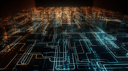 A matrix of binary code flowing through circuit pathways, visualizing the digital network infrastructure Generative AI