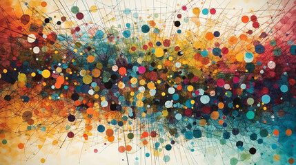 An abstract artwork featuring a network of colorful dots merging and diverging Generative AI