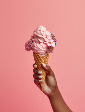 A Female Dark-skinned Hand With Pink Nails Holding An Ice Cream Waffle Cone With Flowers And Cherry Blossom On A Seamless Pink Background. Generative AI Technology