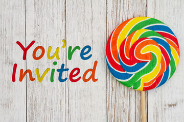 Wall Mural - Youre Invited message with colorful swirl lollipop