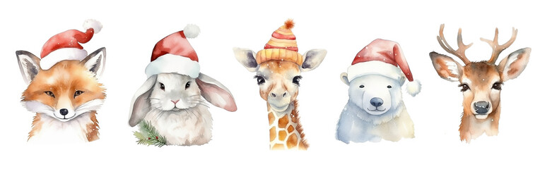 Wall Mural - Set of watercolor portraits of cute Christmas animals. Fox, hare, giraffe, polar bear, forest deer isolated on white. 
