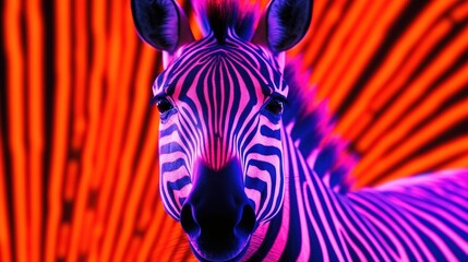  a close up of a zebra with a neon colored pattern in the back ground and a background of red and orange lights in the back ground.  generative ai