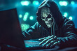 © Carlos Montes - Anonymous robot hacker with skull mask typing computer laptop. Concept of hacking cybersecurity, cybercrime, cyberattack, etc.