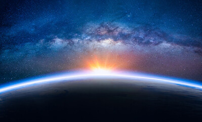 Wall Mural - landscape with milky way galaxy. sunrise and earth view from space with milky way galaxy. (elements 