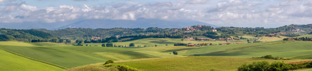 Wall Mural - Panoramic view of the Tuscan countryside in spring in the province of Pisa, between Orciano Pisano and Lorenzana, Italy