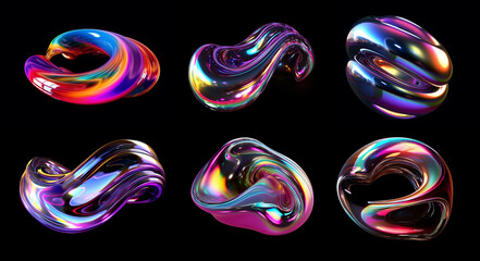 Wall Mural - bold holographic liquid metal shapes set isolated. iridescent wavy melted substance. ai generated