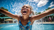 © annebel146 - Child playing and splashing in pool in the summer, Cute child jumping in swimming pool, having fun on a Holiday sunlight multicultural