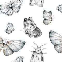 Wall Mural - Black and white butterflies and floral seamless pattern. Watercolor botanical texture