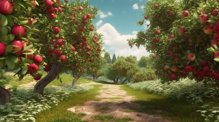 Summer apple garden. Illustration AI Generative.