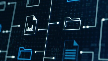futuristic holographic interface of a file manager, folder structure with documents and data scanning, digital document storage software, cloud database, search and manage documents,paperless office, 