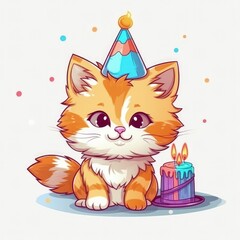  Birthday cat with cake. Illustration AI Generative.