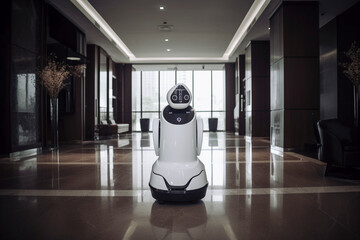 Generative AI. robot in the lobby of the hotel. new future technology, futuristic and technology concept. 