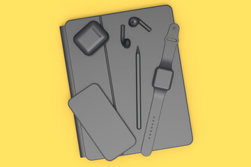 Wall Mural - Computer tablet with stylus, smartwatch phone and headphone on yellow background