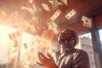 Wall Mural - Happy successful man standing under money rain. A lot of dollar banknotes falling on smiling man. Success and wealth concept. Created with Generative AI