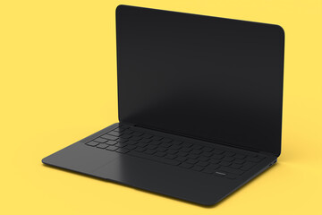 Wall Mural - Aluminum laptop with empty screen isolated on yellow monochrome background.