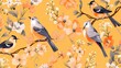  a couple of birds sitting on top of a tree branch next to a bunch of flowers on a yellow background with white and orange flowers.  generative ai