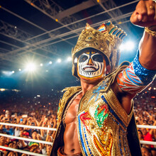 Decorated Lucha Libre Champion, Wearing Their Iconic Mask And Vibrant Wrestling Attire, Generative AI