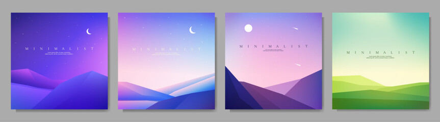Wall Mural - vector illustration. flat landscapes. colorful backgrounds set. night scene, lake by hills, evening 