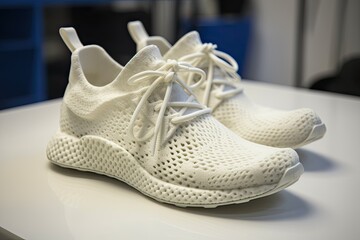 3D Printed Shoe customizable sneakers made of thermoplastic elastomer material. 3D printing revolutionizes the footwear industry. AI generative