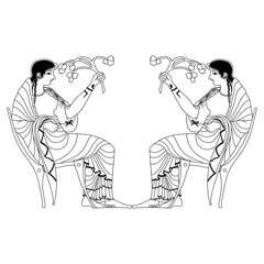 Symmetrical ethnic design with two ancient Greek women sitting in chairs and holding flower branches. Demeter and Persephone. Vase painting style. Black and white linear silhouette.